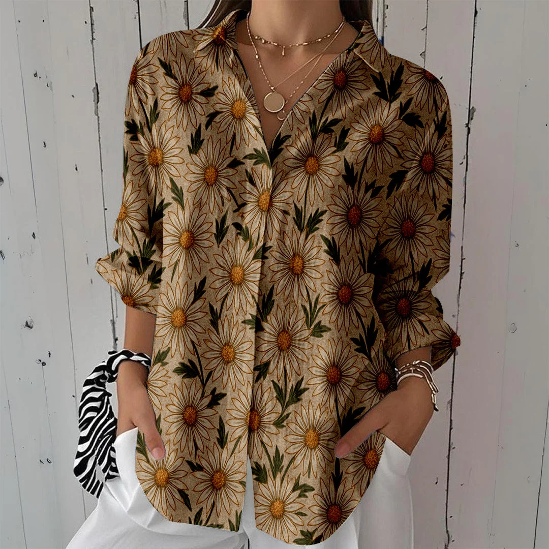 Style & Comfort for Mature Women Women Floral,  Brown,  Blue DZCL0412 3/4 Sleeve Shirt Collar Printed Button Tops