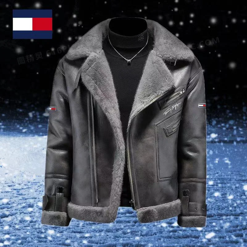 【TOMMY HILFIGER】Męska kurtka skórzana z wełny jagnięcej（Wykonane z wysokiej jakości skóry owczej）