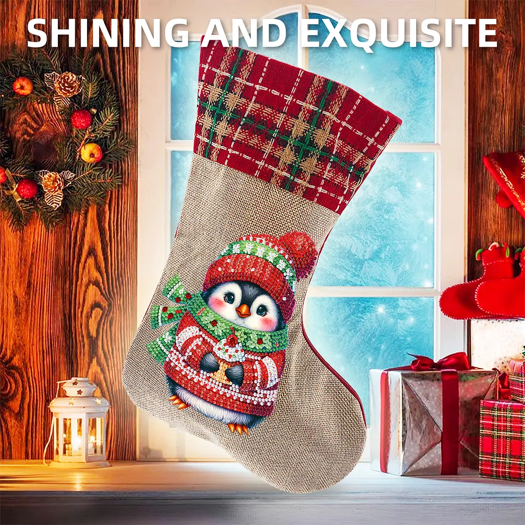 DIY Diamond Painting Christmas Stockings Hanging Ornaments Large Capacity Xmas Socks Pendant Wear Resist Candy Gift Storage Bags for Family Christmas Holiday Party Decoration (Christmas penguin)