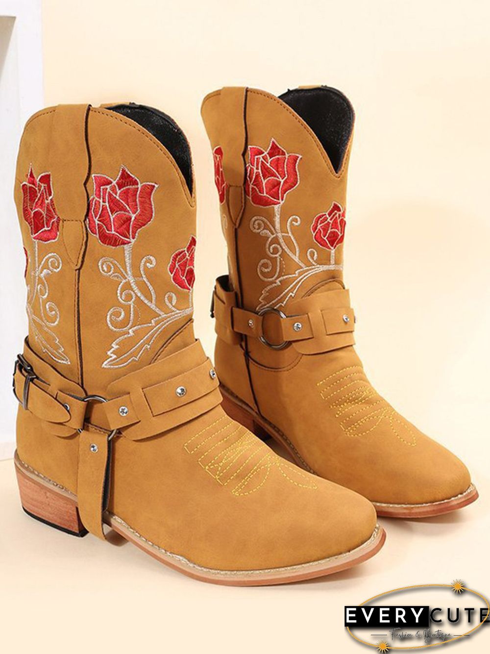 Vintage Floral Embroidered Sleeve Pointed Toe Chunky Heel Cowboy Boots