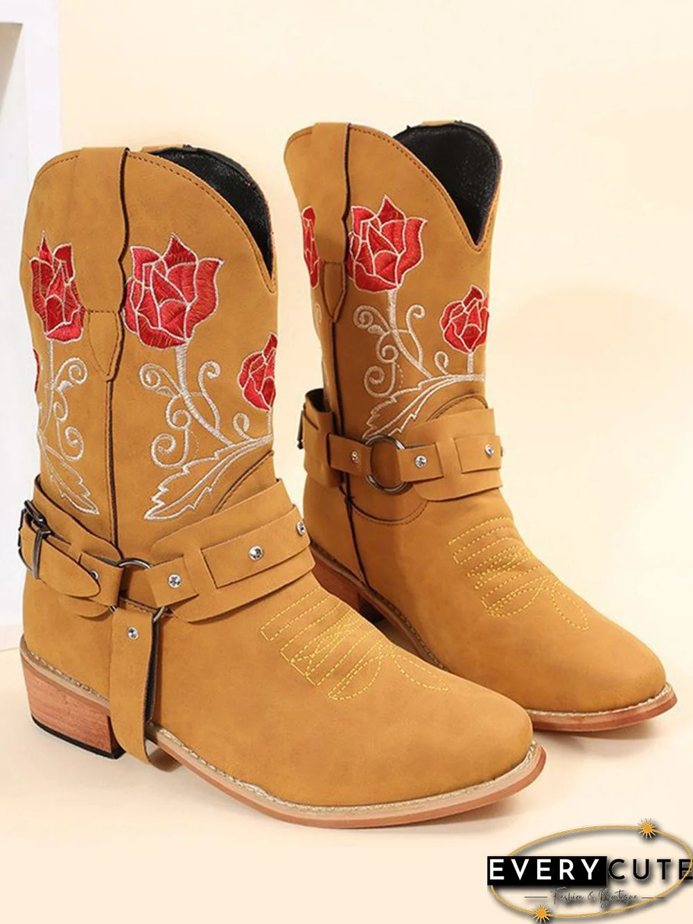 Vintage Floral Embroidered Sleeve Pointed Toe Chunky Heel Cowboy Boots