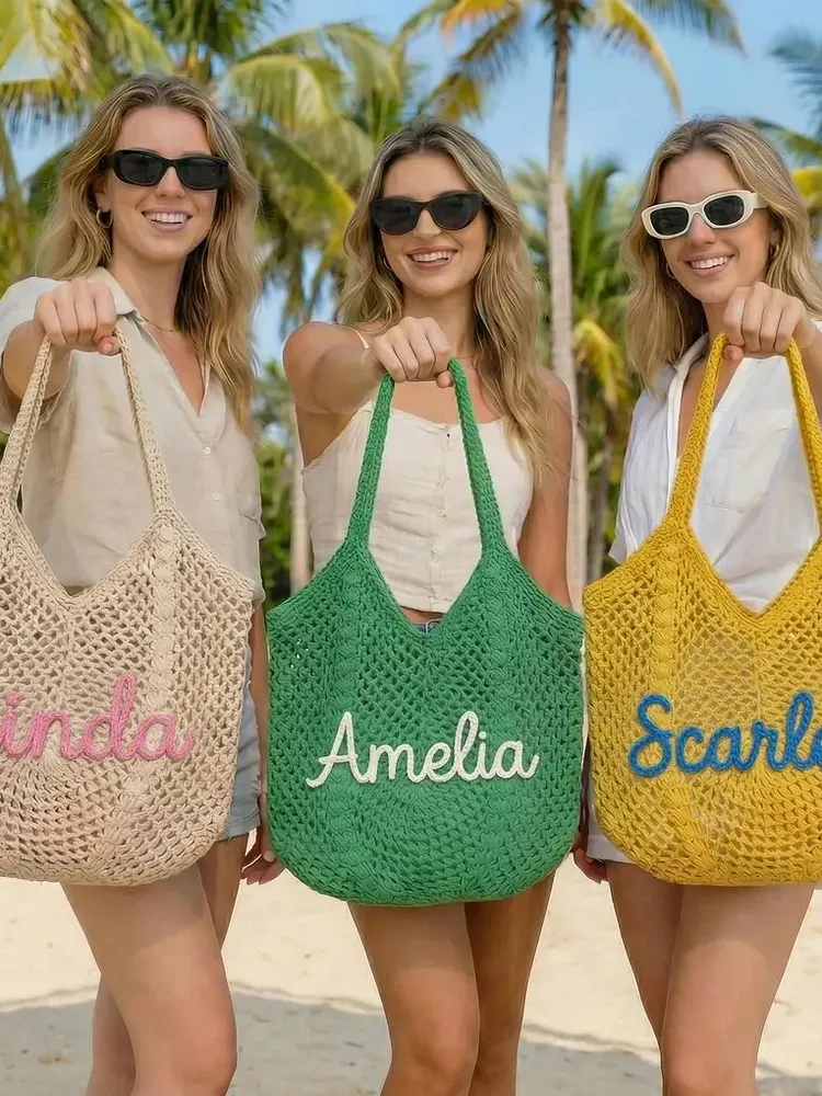 Personalised Straw Knitted Beach Bag and Crochet Tote - Unique Bridesmaid Gift Bags, Travel Wedding Favor, Bachelorette Trip Present