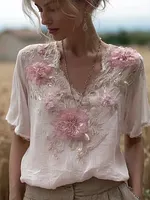 Bohemian Retro Pink Floral Pattern Women's Short-sleeve Top