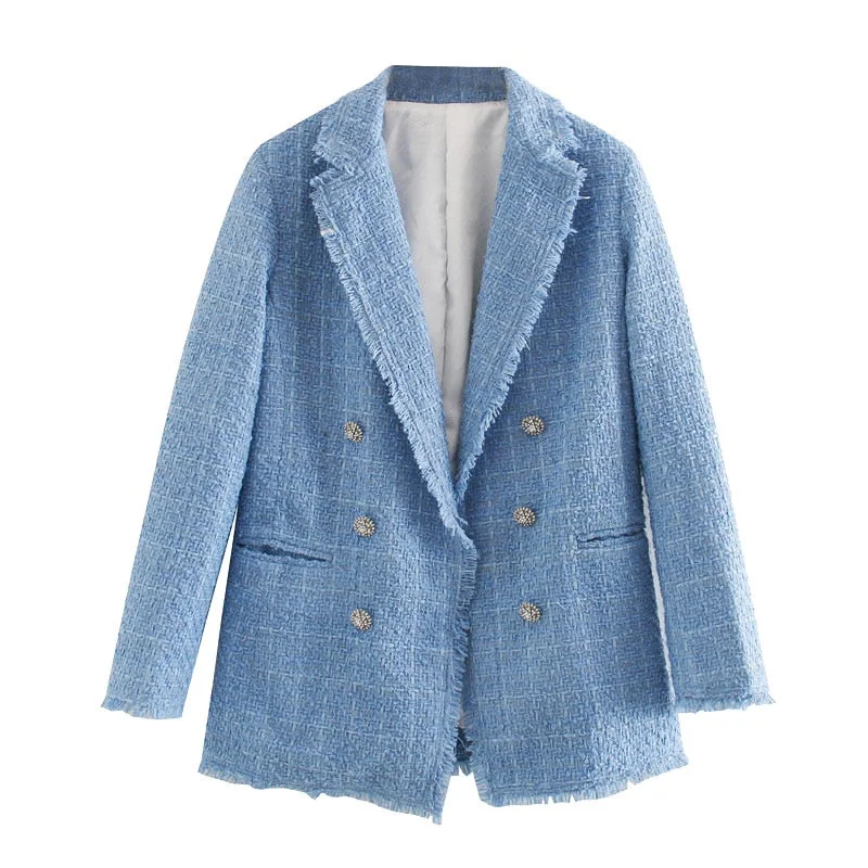 KPYTOMOA Women 2020 Fashion Office Wear Double Breasted Tweed Blazer Coat Vintage Long Sleeve Frayed Female Outerwear Chic Tops