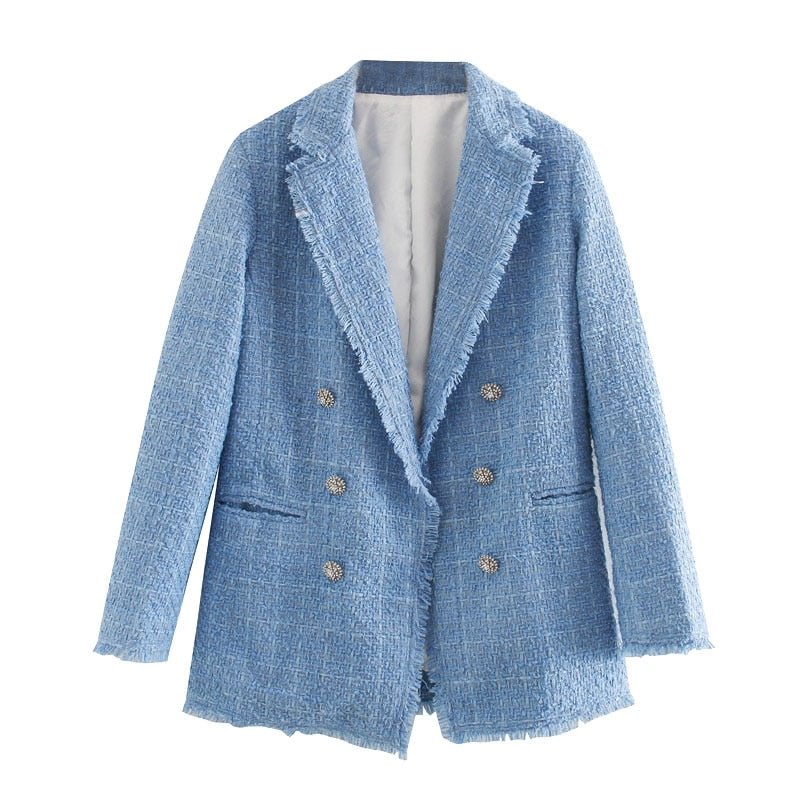 TRAF Women Fashion Office Wear Double Breasted Tweed Blazer Coat Vintage Long Sleeve Frayed Female Outerwear Chic Tops