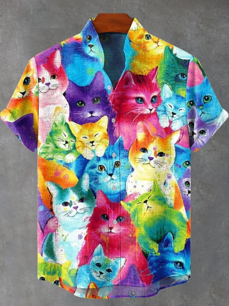 Rainbow-Colored Kittens Vintage Print Casual Shirt