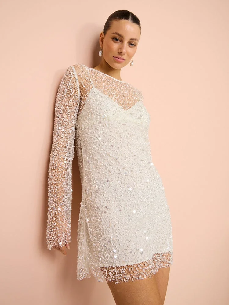 crystal-embellished gauze mini dress