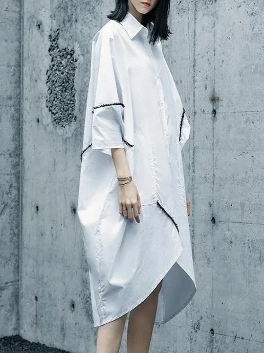 Chic white Cotton tunics for women lapel asymmetric daily shirt Dresses