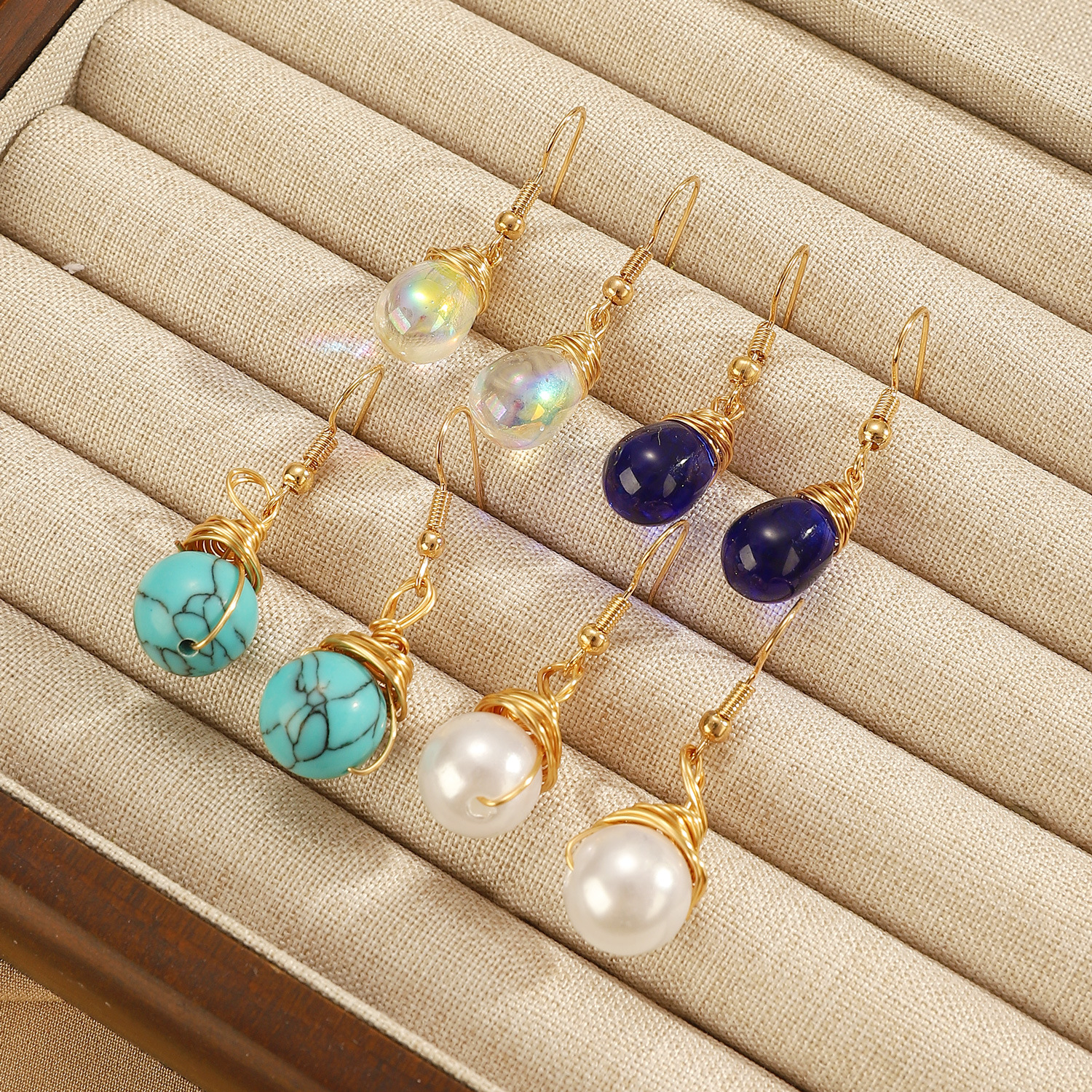 Drop Imitation Turquoise Pearl Gold-Plated Earrings