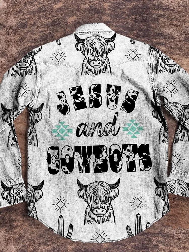 Men's White Jesus And Cowboys Vintage Stripe Print Casual Shirt