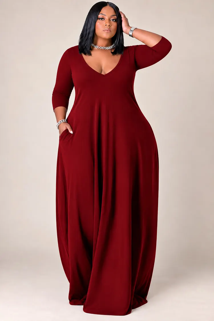 Xpluswear Design Plus Size Daily Burgundy V Neck 3/4 Sleeve Pocket Maxi Dresses 2024 - Xpluswear