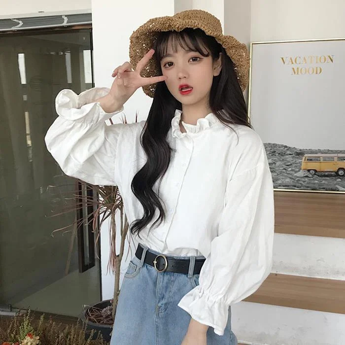Shirts Women Ruffle Flare Long Sleeve Solid Simple Students Slim Womens Korean Style Harajuku Elegant Shirt Blouses Casual Chic