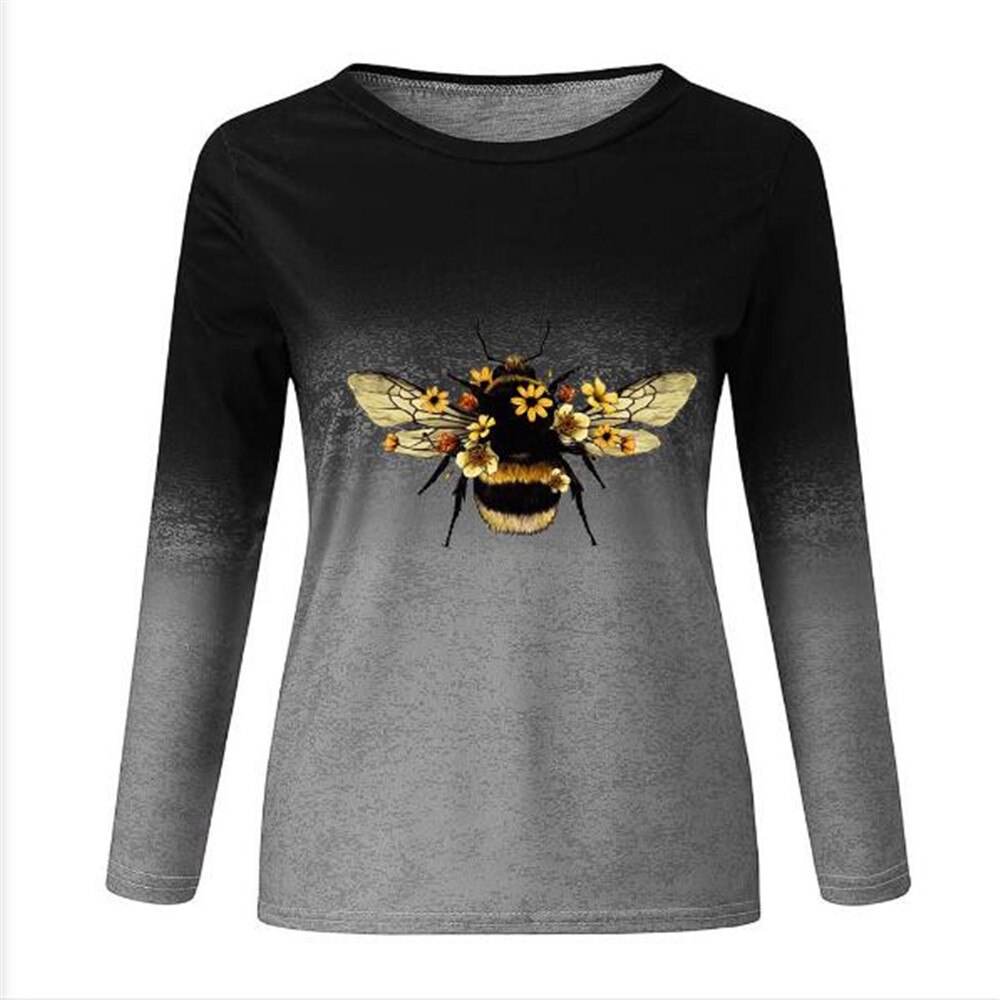 2021 women O-Neck gradient elements Funny little bee printing long sleeve T-shirt street fashion hip hop casual T-shirt