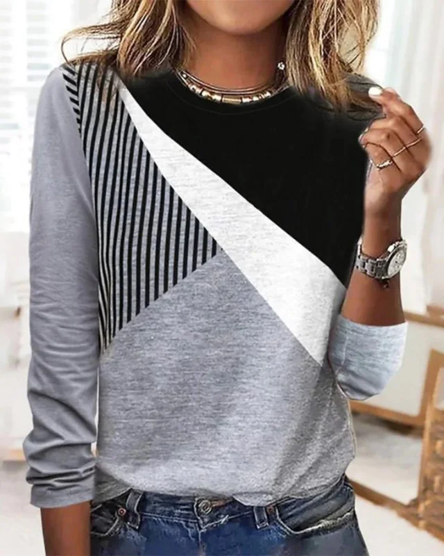 Women's Casual Round Neck Striped Panel Long Sleeve T-Shirt