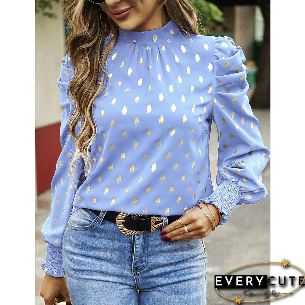 Light Blue Polka Dot Pleated Cuffs Long Sleeve Tops