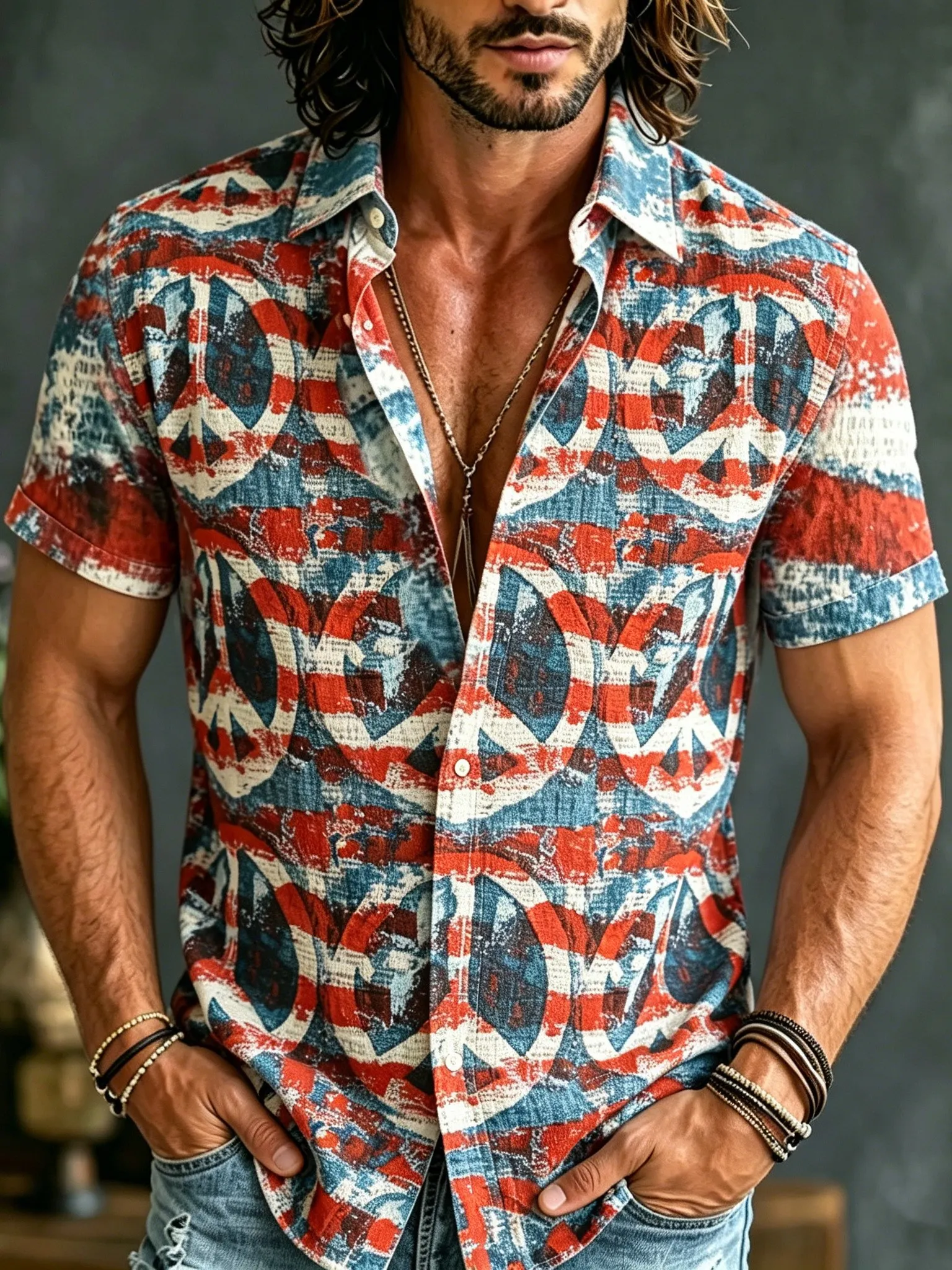 Men's American Flag Print Hippie Style Short-sleeved Shirt elevenforest