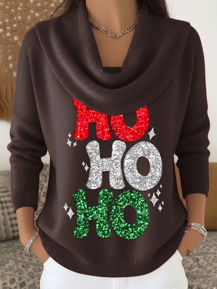 Women's HOHOHO Vintage Christmas  Art Print Cowl Neck Sweater