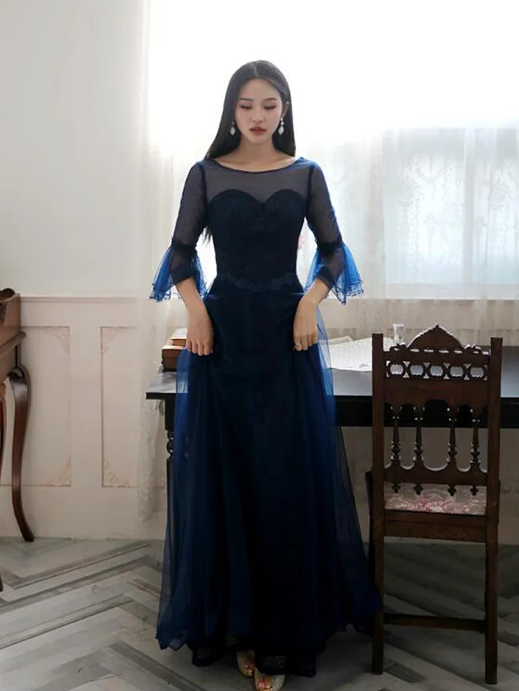 Royal Blue Flare Sleeve Women's Formal Evening Dress Tulle Floor Length Long Prom Gowns