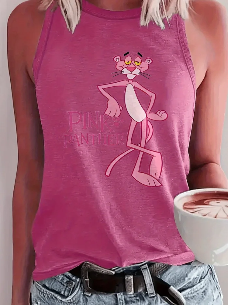 Pink Panther Print Sleeveless Vest | Women's Casual Loose Breathable Vest Top For Spring And Summer, Beautiful Outdoor Lightweight T-Shirt, Fashionable Round Neck Summer Sports Shirt For Women