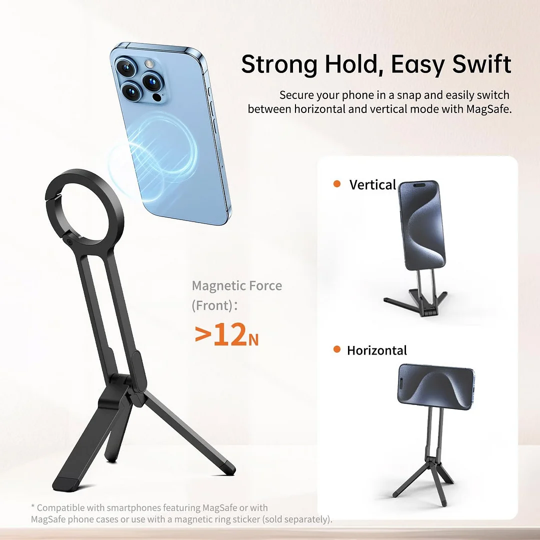 Magnetic Phone Tripod for iPhone. Portable Phone Holder Mini Tripod for Magsafe with Double-Sided Strong Magnetic 1/4'' Arri Locating Hole Foldable Hook