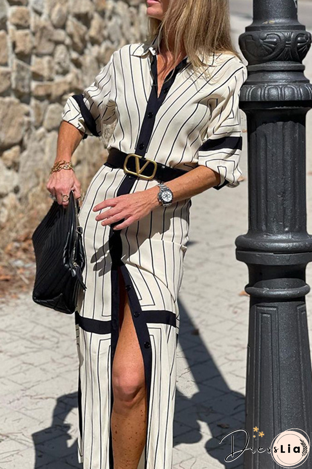 Casual Striped Split Joint Turndown Collar Straight Dresses