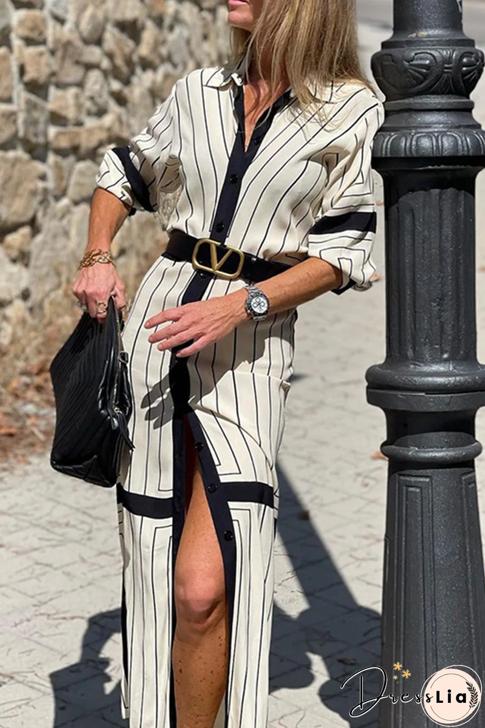 Casual Striped Split Joint Turndown Collar Straight Dresses