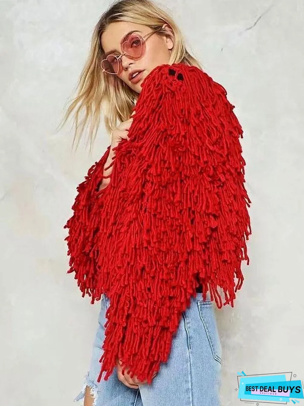 Knitting Solid Color Hollow Tasseled Long Sleeve Tops