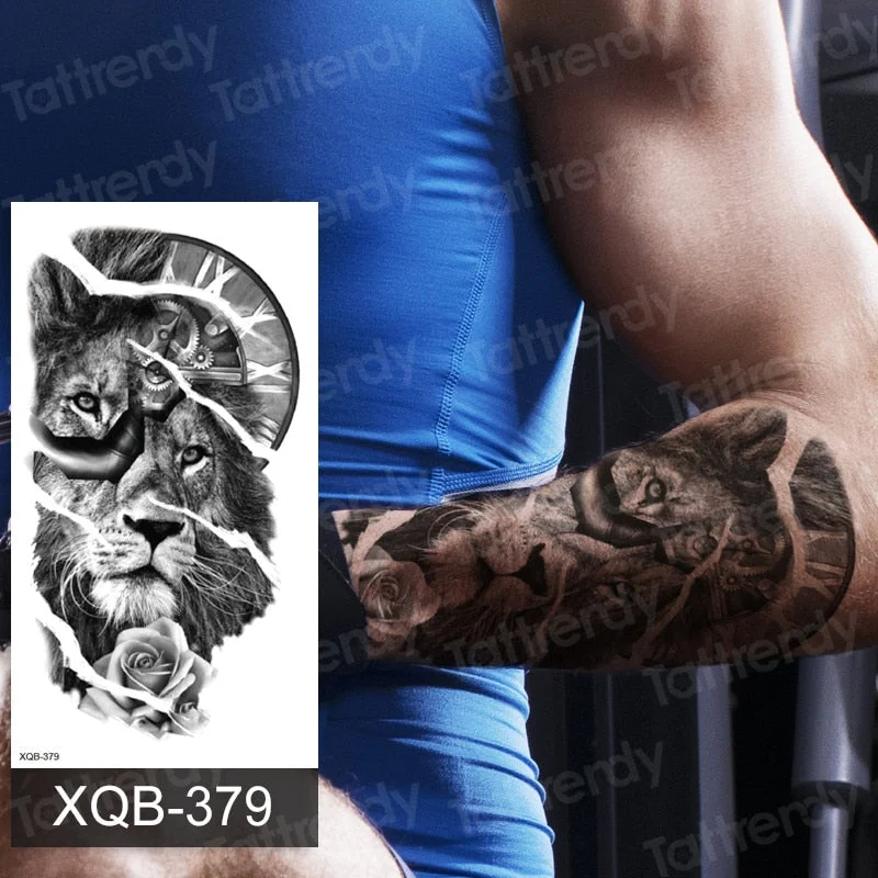 Waterproof Temporary Tattoo Sticker Lion King Crown Cross Tiger Pattern Fake Tatto Flash Tatoo Black Body Art for Kids Women Men