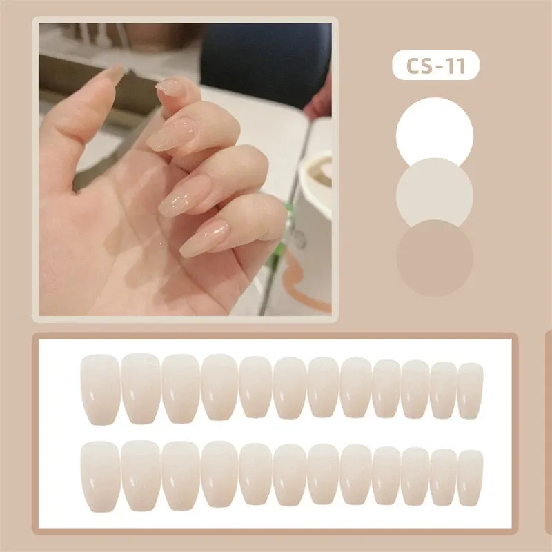 Girls Candy Pink Color False Nails Women Nature Nude Jelly Fake Nail Short Round Head Full Cover Nail Art Tips With Glue 24pcs-Nail Inspo
