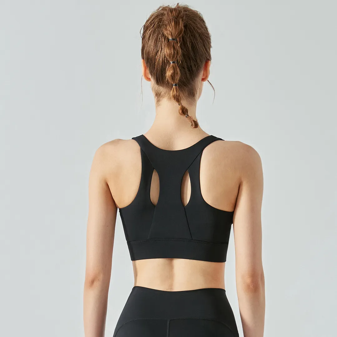 Shop Black high support shockproof front zip workout sports bra with removable cups online on Hergymclothing