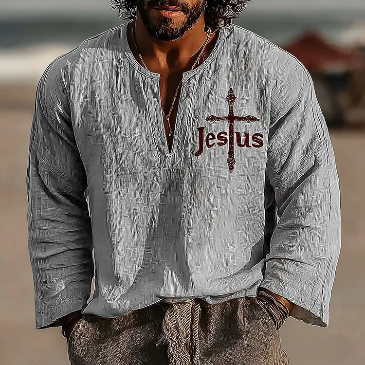 Men's Vintage Faith Cross Art Loose And Comfortable Cotton And Linen Long-sleeved Shirt