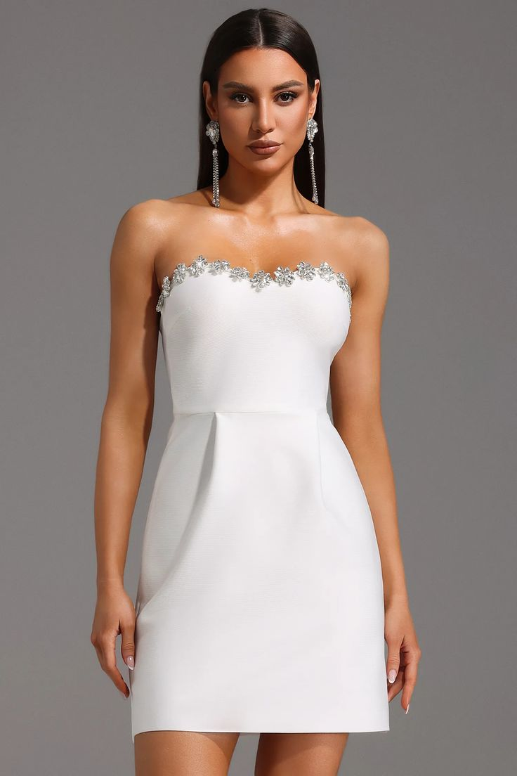 Chic White Straight Across Rhinestone Mini Homecoming Dress HC0189