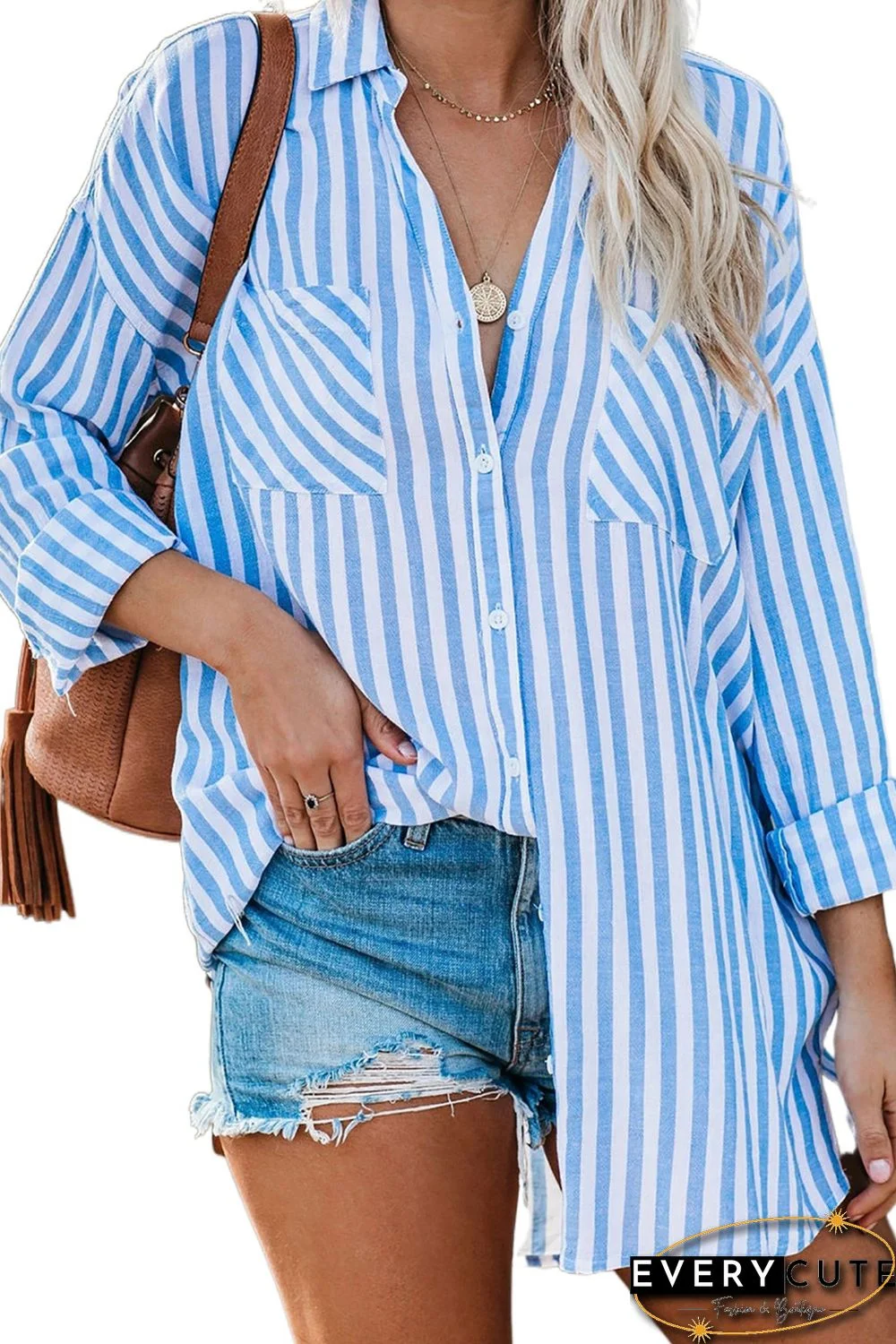 Sky Blue Stripe Linen Dropped Sleeve Button Down Blouse with Pocket