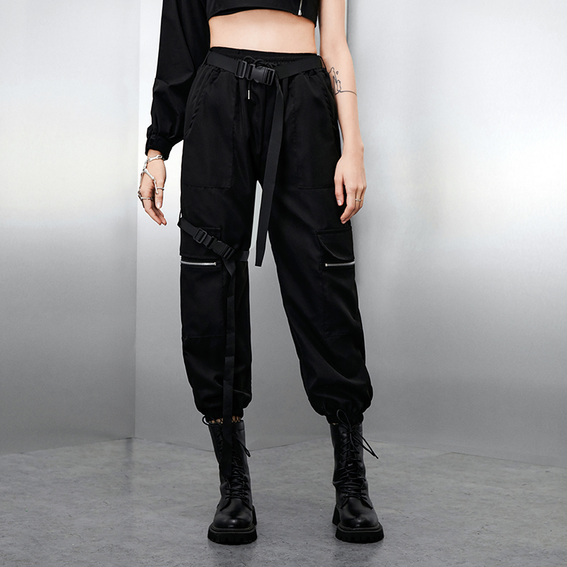 Black Ribbon Zipper Pocket Cargo Pants