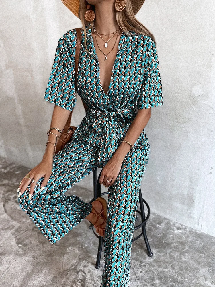 Plunging Neck Allover Floral Print Belted Jumpsuit