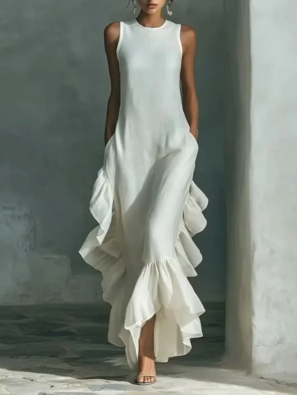 Elegant Ruffled Hem Cotton And Linen Maxi Dress