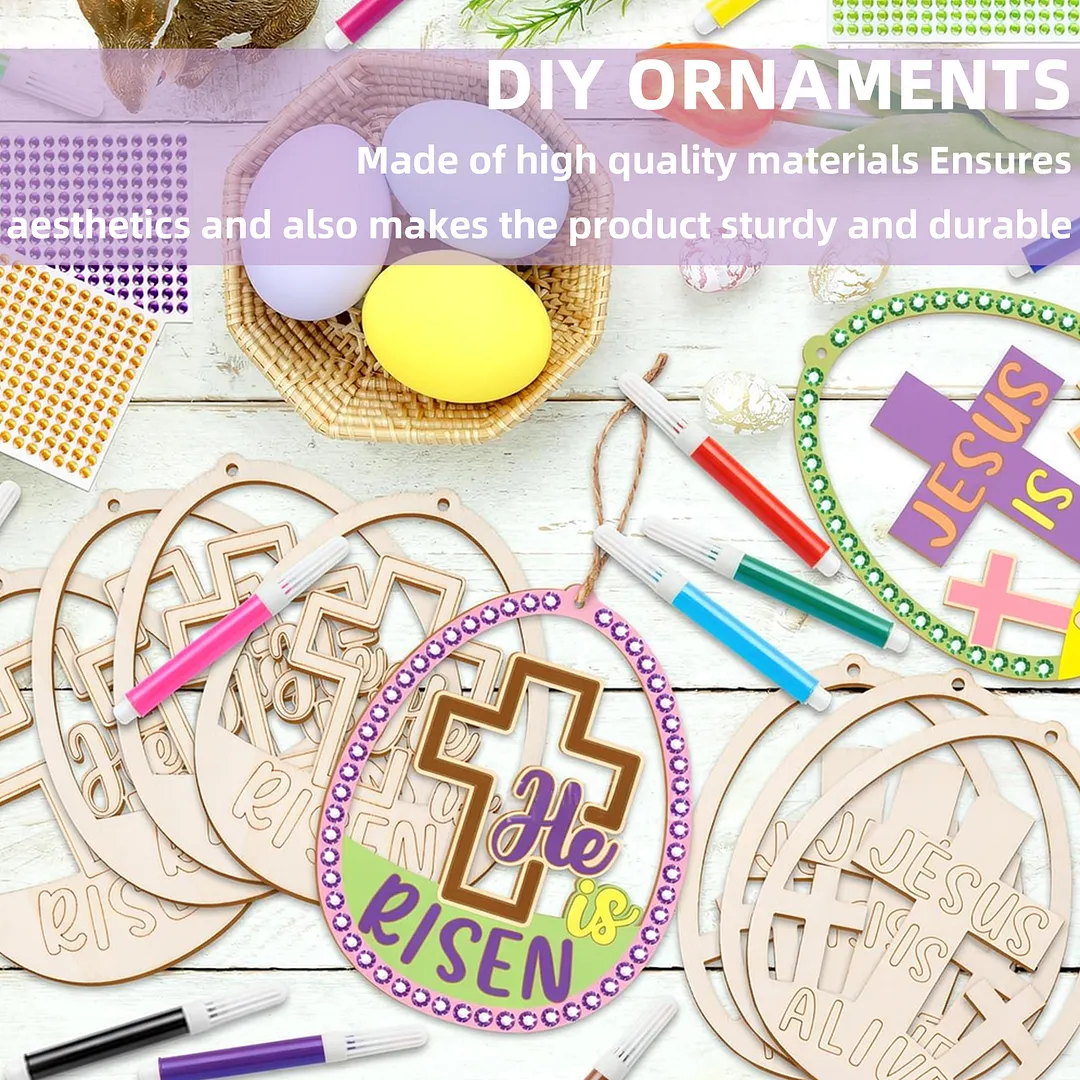 10Pcs Easter Cross DIY Unfinished Graffiti Wooden Pendant Wood Graffiti Crafts Hanging Ornaments for Living Room Office Party Decoration