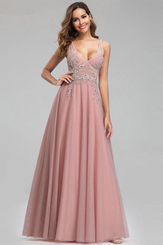 Beautiful Sleeveless Appliques Beadings Long Tulle Prom Dress