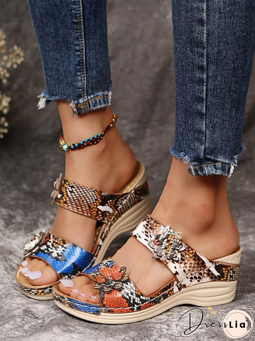 3D Floral Snake Print Wedge Sandals Slippers