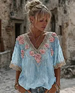 Women's Vintage Spring Floral Embroidered Art Print Flowy Linen Blend Short Sleeve Casual Tops - Image 8