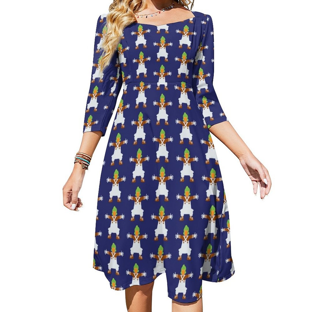 Oompa Loompa Arms Out Dress Sweetheart Tie Back Flared 3/4 Sleeve Midi Dresses