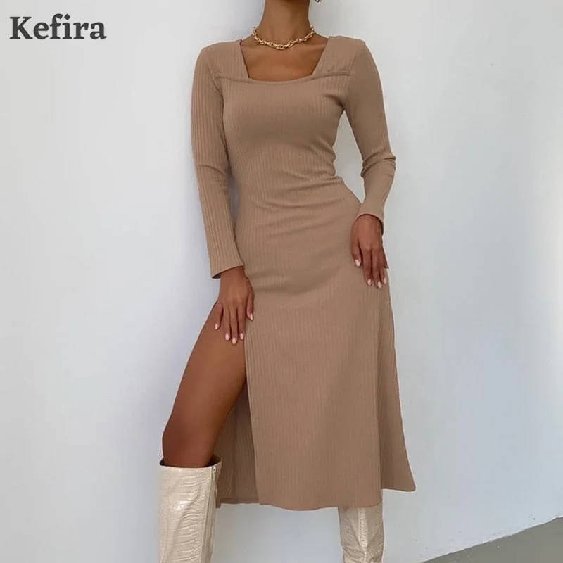 Kefira 2022 Sexy Square Neck A Line Midi Dress Women Spring Kintted Long Sleeve Basic Street Vintage Khaki Split Party Dresses