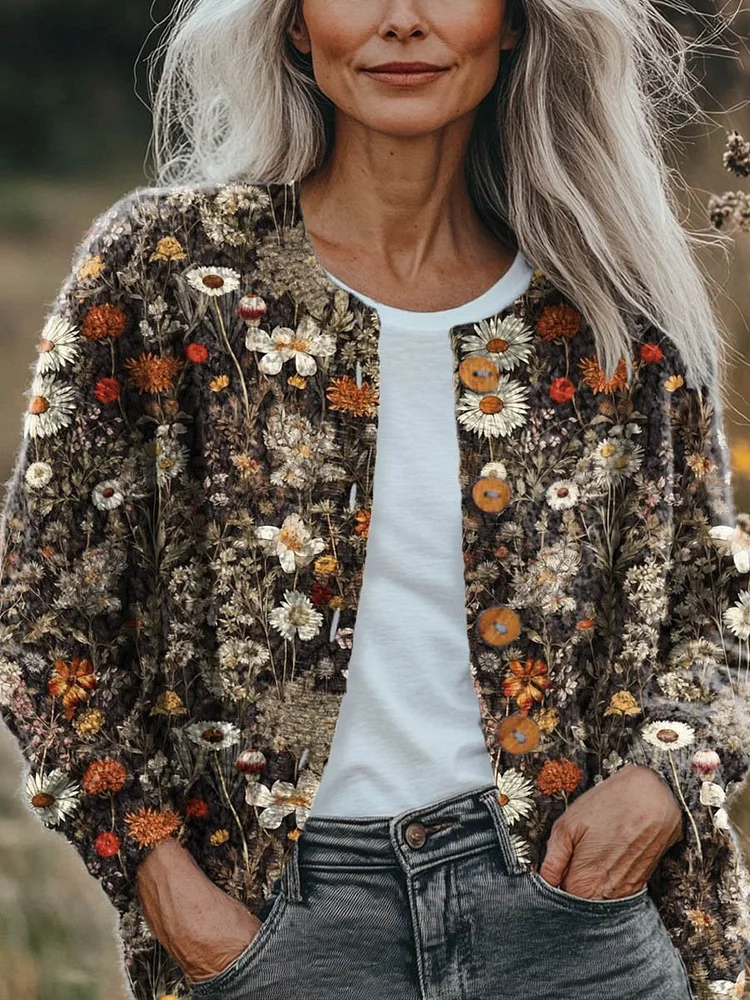 Women's Vintage Lovely Floral Art Print Buttoned Cardigan Sweater