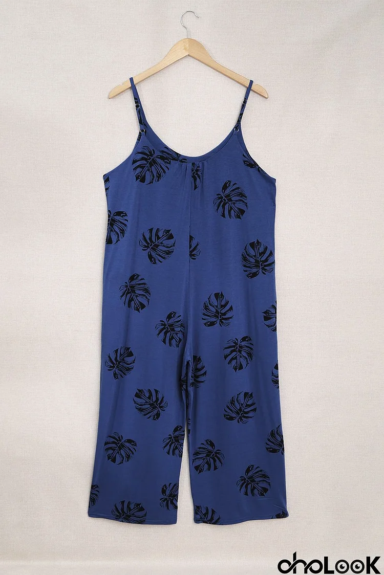 Summer Blue Palm Leaves Print Spaghetti Strap Wide Leg jumpsuit