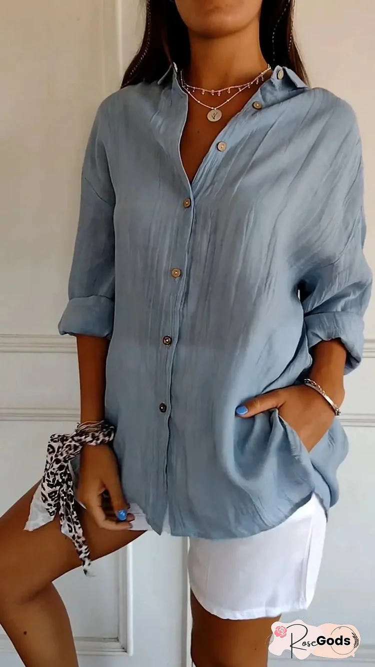 Blue Solid Elegant Cotton Shirt Collar Chic Shirt
