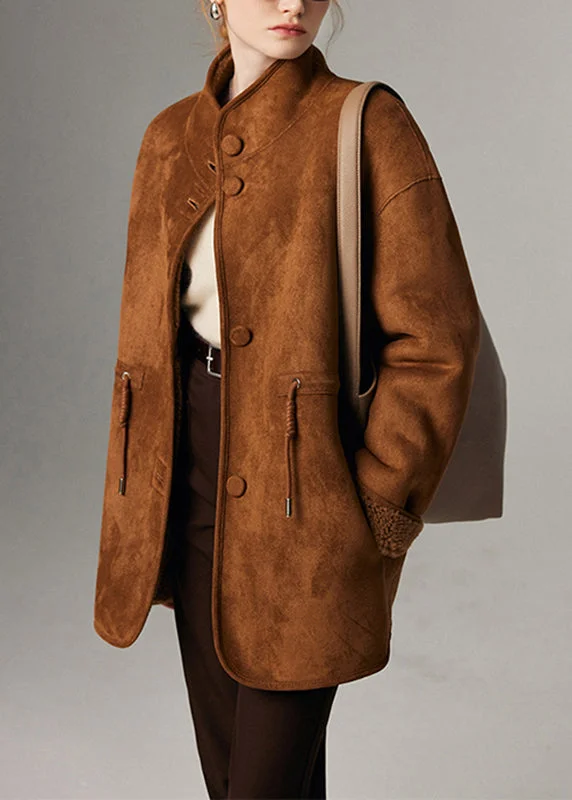 Fine Coffee Stand Collar Pockets Fleece Wool Leather And Fur Lined Coat Winter