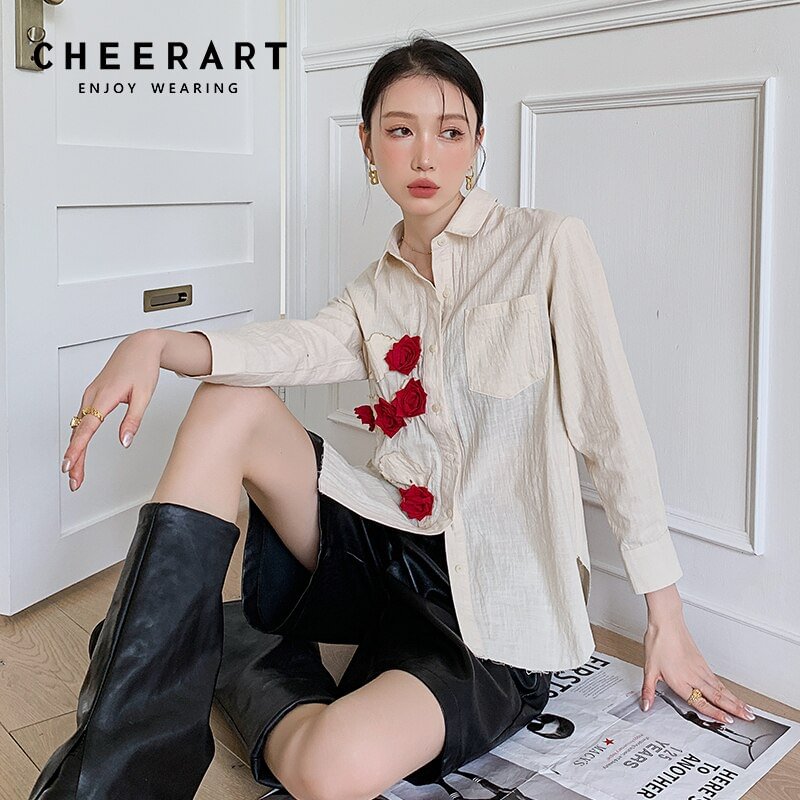 Zingj Floral Applique Cotton Beige Button Up Shirt For Women Long Sleeve Top Korean Fashion Kawaii Cute Blouse Fall 2021