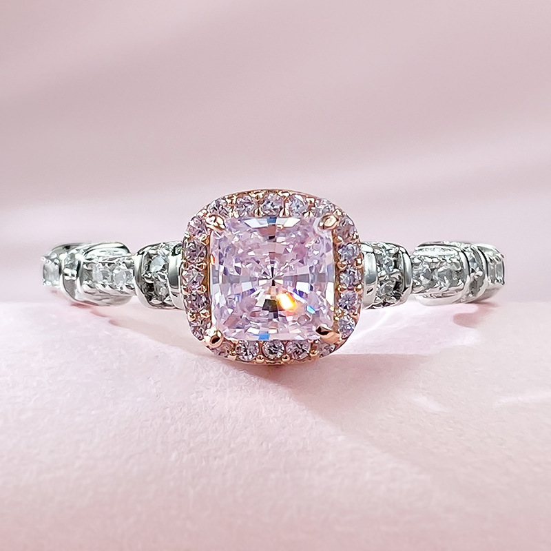 MIKAMU Jewelry: Sparkling S925 Silver 5*5 Pink Diamond Cushion Cut Wedding Ring