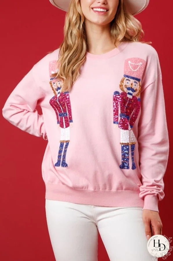 Christmas Guards Sequined Round Neck Casual Loose Sweatshirt