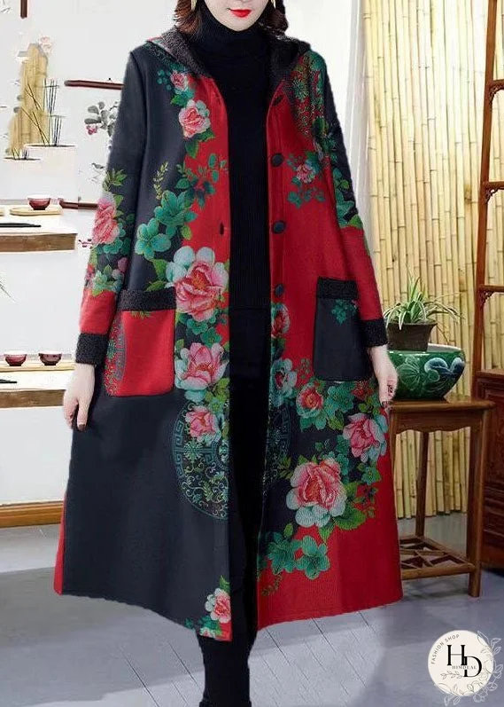Red Print Thick Warm Fleece Loose Trench Coats Winter